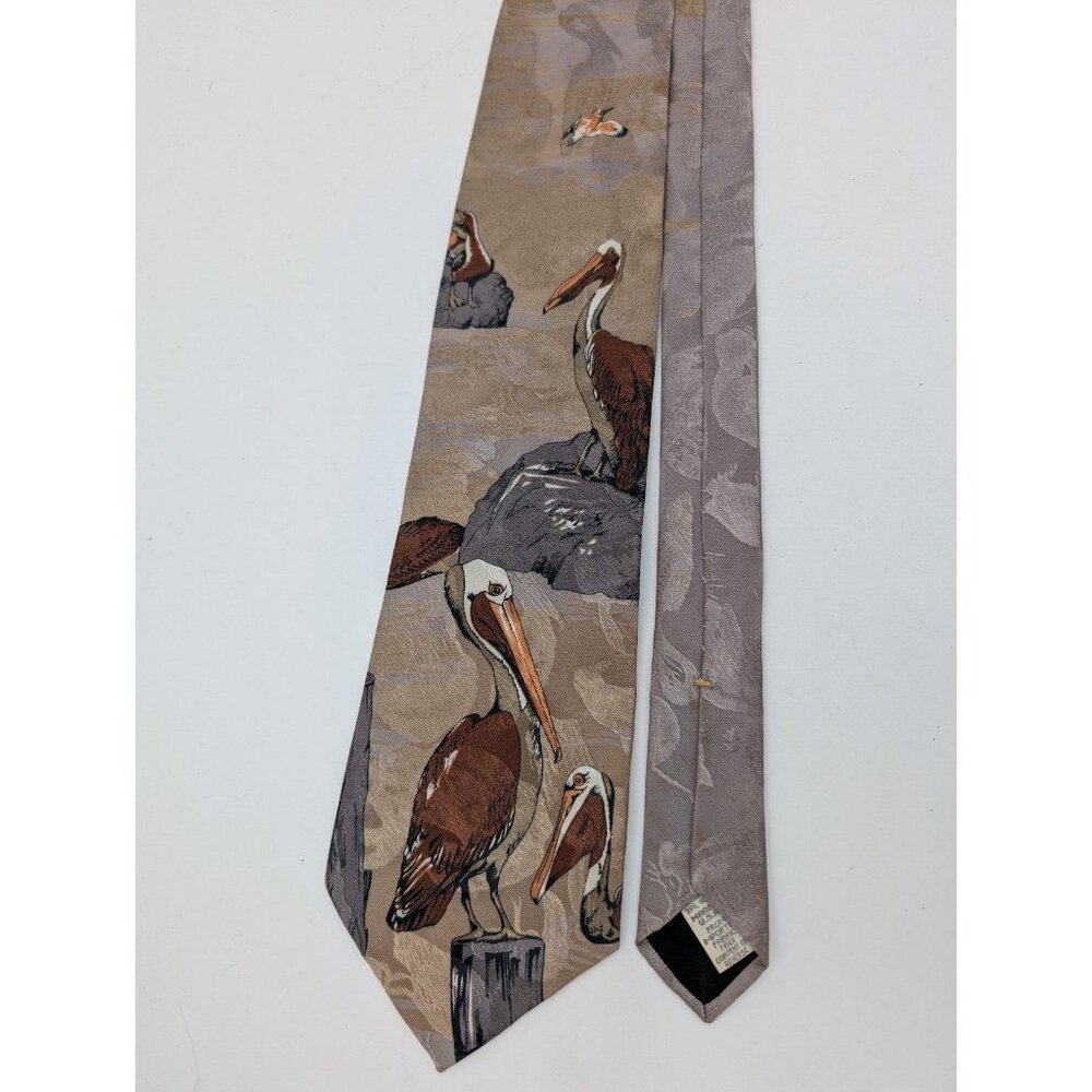 Pelican Print Men's Necktie Tie Animal Track Beige Gray Vintage
